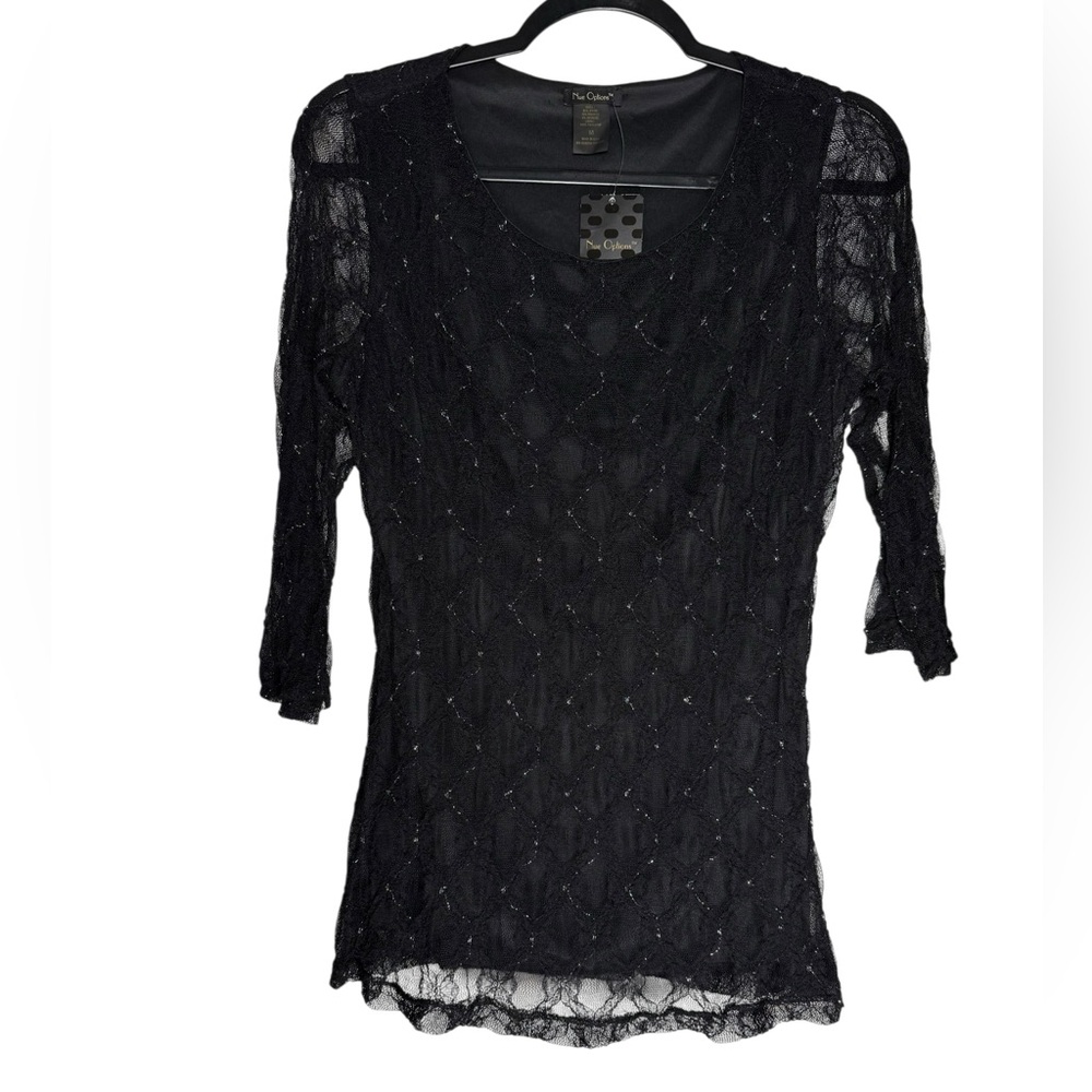 Nue Options Black Lace Top Blouse Women’s Medium Sheer 3/4 Sleeve Casual NWT